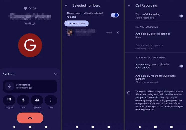 Three Android phone screenshots showing in call recording controls, selected numbers for automatic recording, and detailed call recording settings