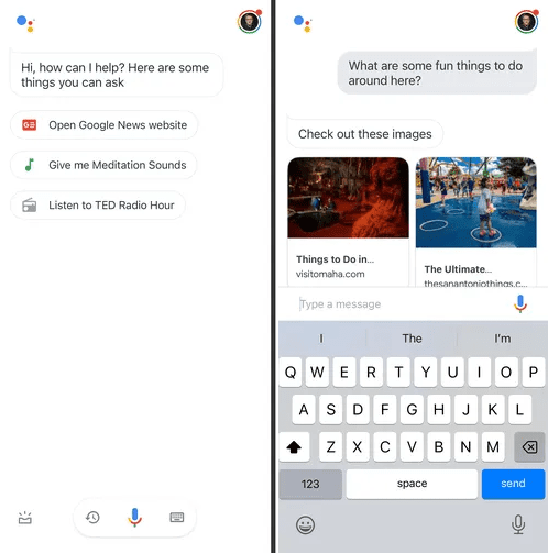 Two iPhone screenshots showing Google Assistant in action, with voice suggestions and a typed question asking for fun things to do nearby with local image results on screen