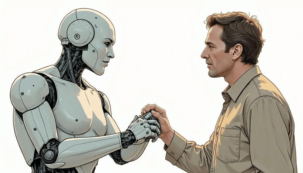 Humanoid robot and adult man facing each other and gently holding hands as if agreeing on a partnership