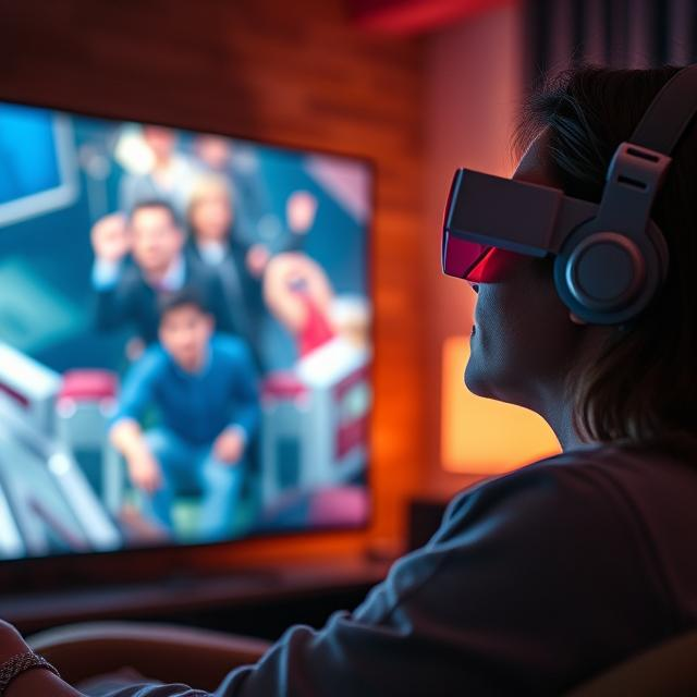 Viewer watching 3D movie at home using active-shutter 3D glasses.