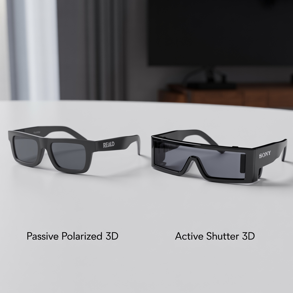 Comparison of passive polarized 3D glasses and active shutter 3D glasses with brand logos