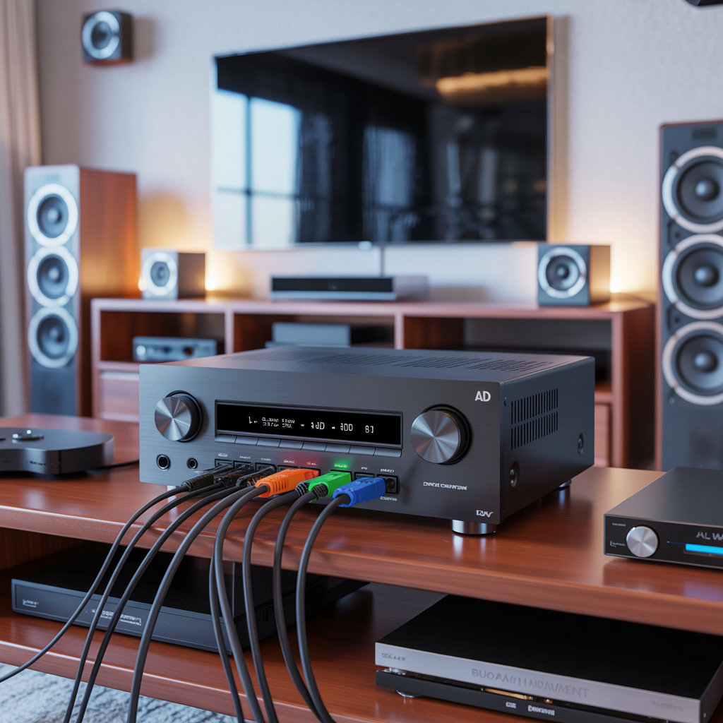 3D-compatible AV receiver setup with HDMI connections for home theater