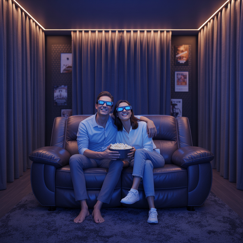 Couple enjoying immersive 3D movie experience in a cozy home theater setup
