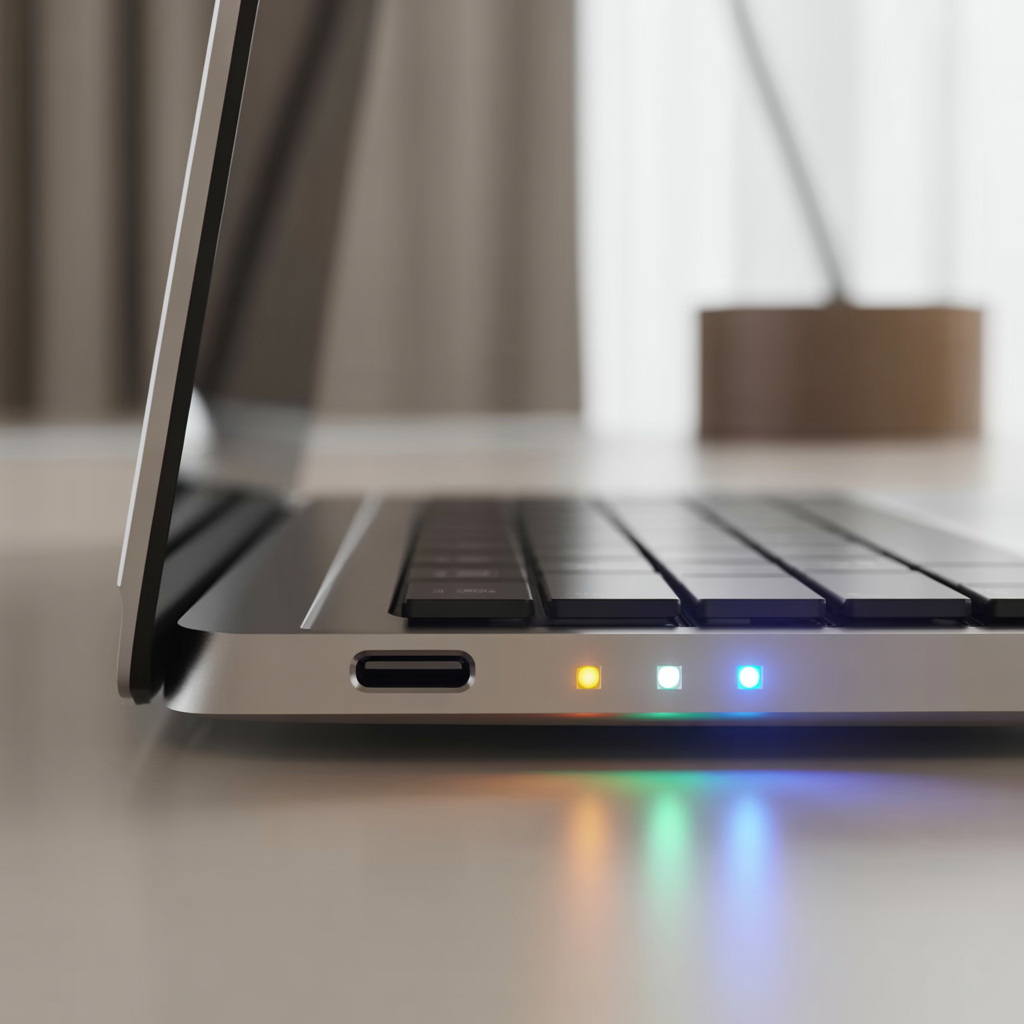 Chromebook charging port close-up showing amber, white, and blue LED light indicators for power and charging.
