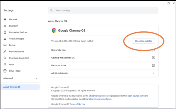 Chromebook settings menu open on About Chrome OS page showing Check for Updates option.