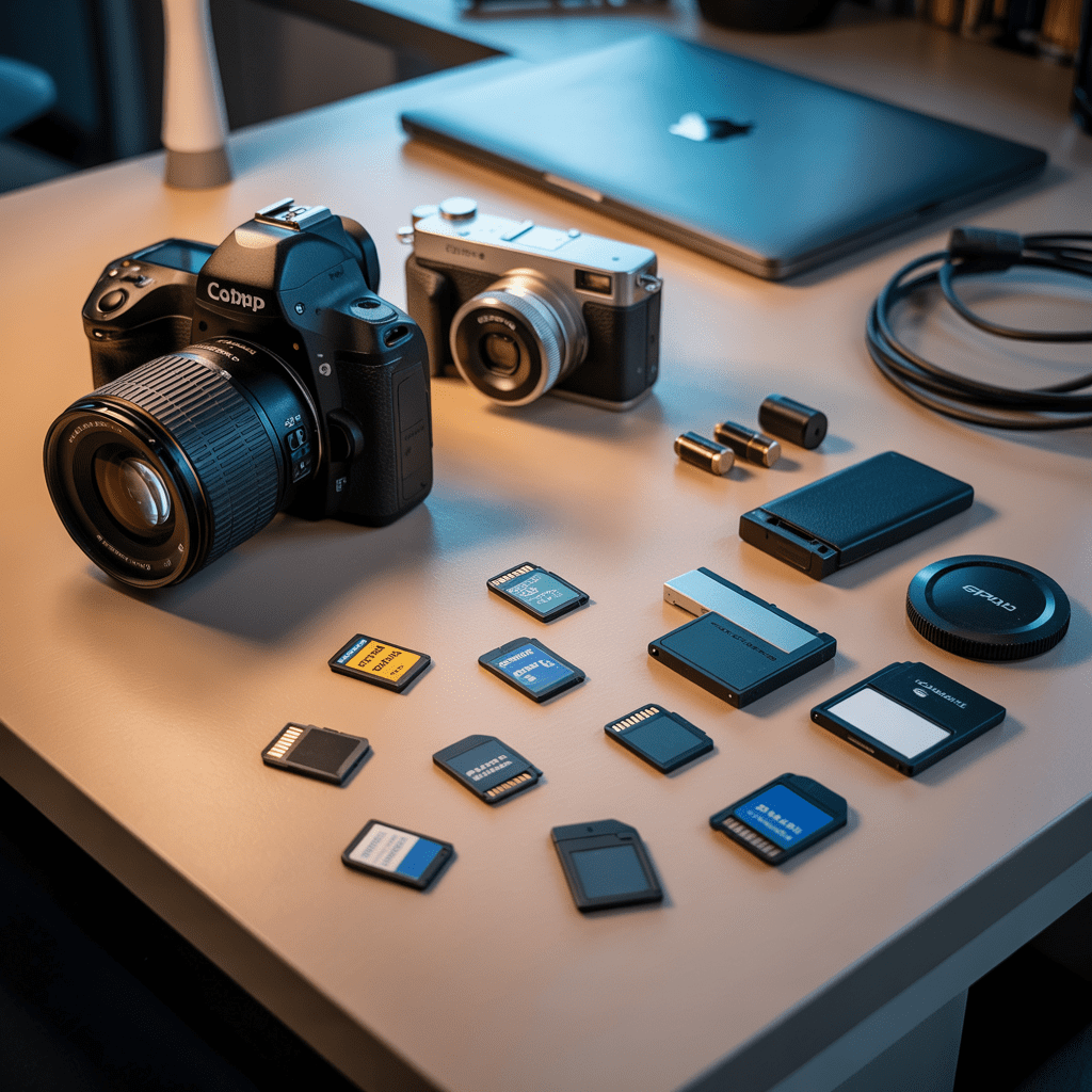 Different SD cards and camera equipment on a desk before formatting