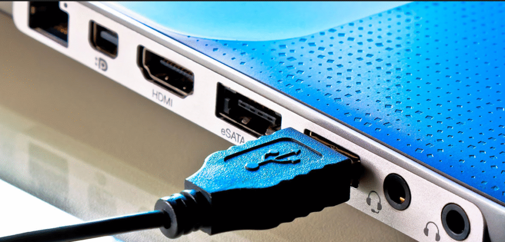 Assorted USB ports on a computer — USB-A, USB-C, HDMI — demonstrating connectivity options