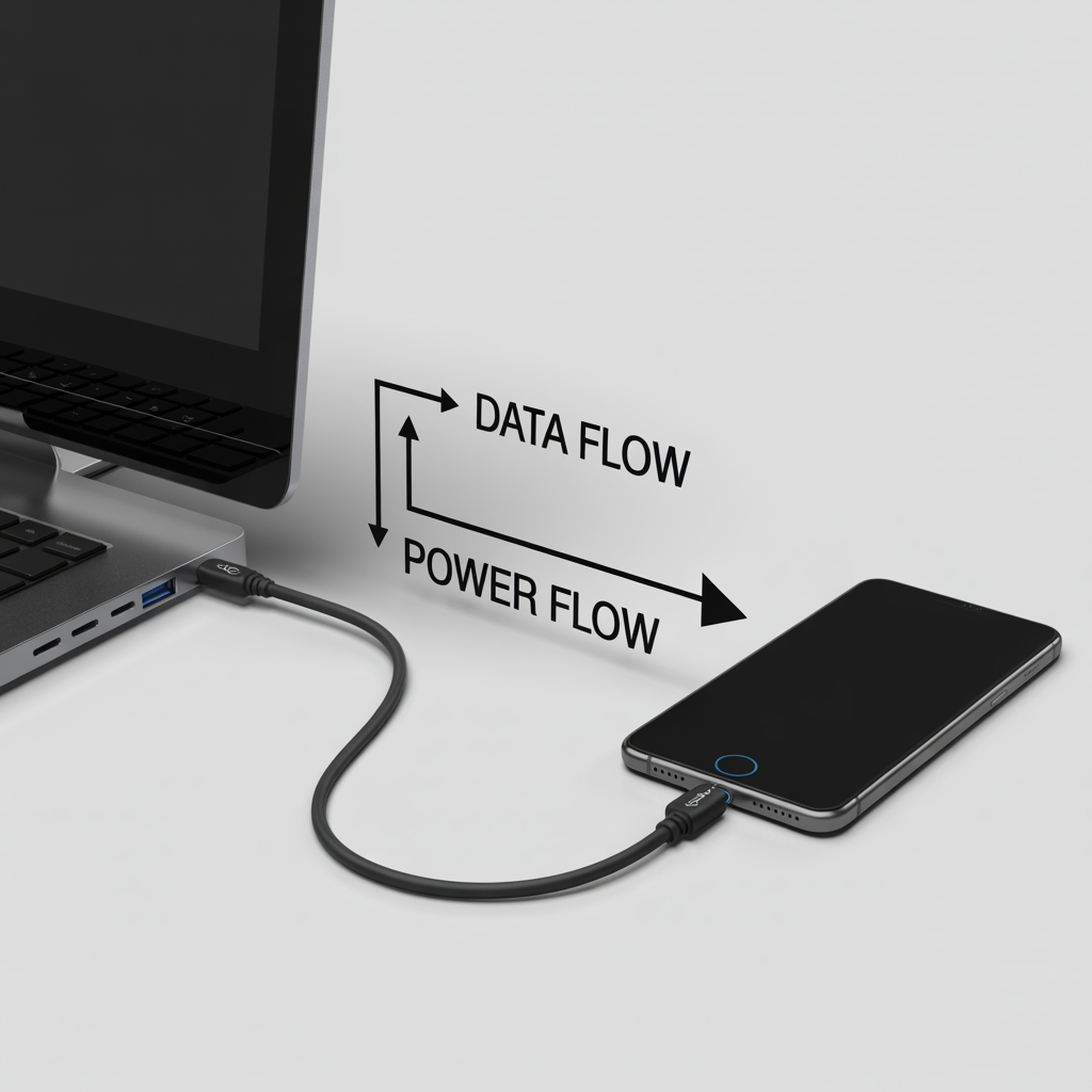 Diagram showing data and power flow between a computer and smartphone through a USB cable
