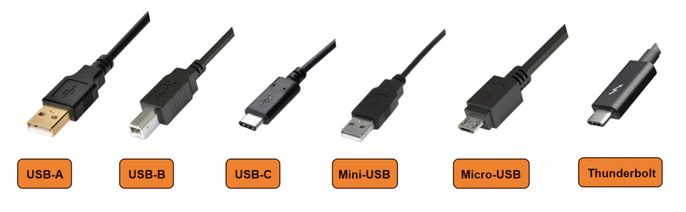 Various USB peripherals including, mouse, keyboard, and smartphone charging cable