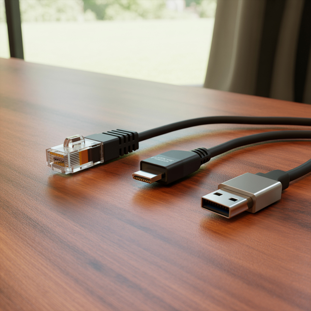 Ethernet cable and FireWire connector placed beside a USB cable on a wooden desk