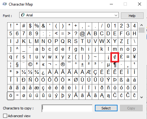 In the Character Map showing the cent character