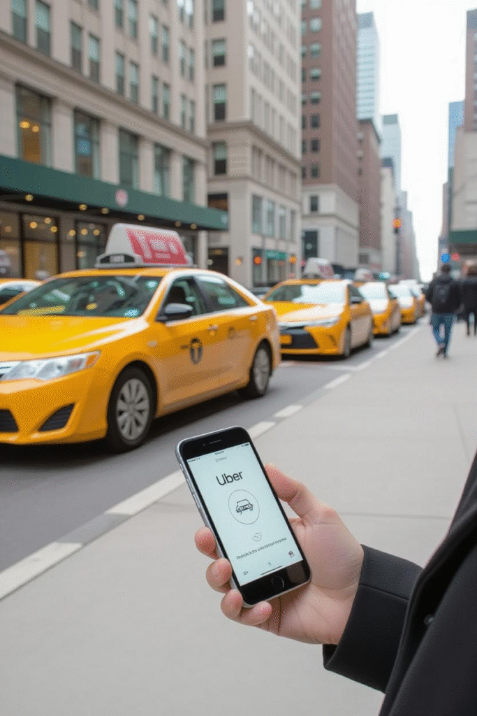 Person booking an Uber ride on smartphone next to a yellow taxi cab waiting on a busy downtown street.”