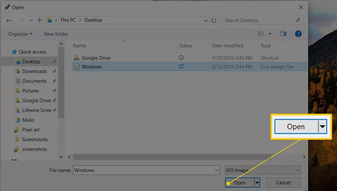 Locate and select the ISO image and then press Open to load it into Rufus.