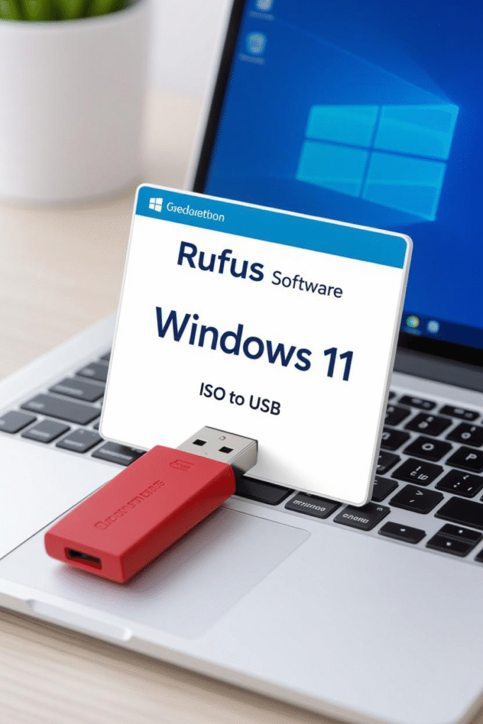Rufus software burning a Windows 11 ISO to a USB flash drive on a modern laptop - illustrating ISO to USB creation process in 2025.