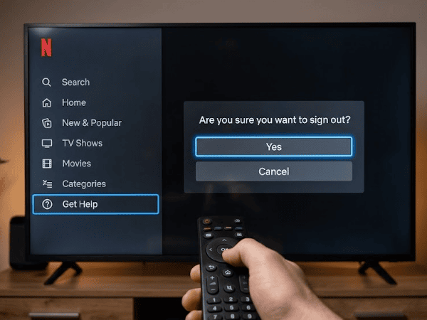 Smart TV screen displaying the Netflix sign-out confirmation dialog with "Yes" selected.