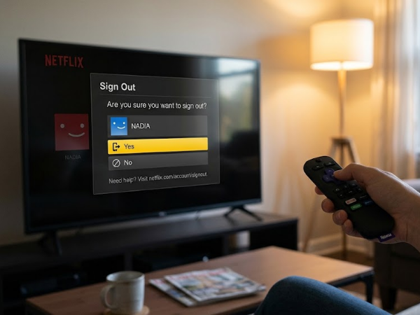 Smart TV connected to a Roku device displaying the Netflix "Get Help" menu with the "Sign Out" option highlighted.