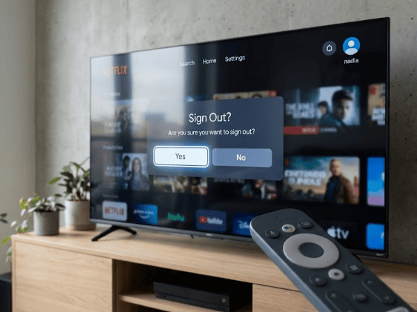 An image of a smart TV displayed on a wooden console table inside a modern room