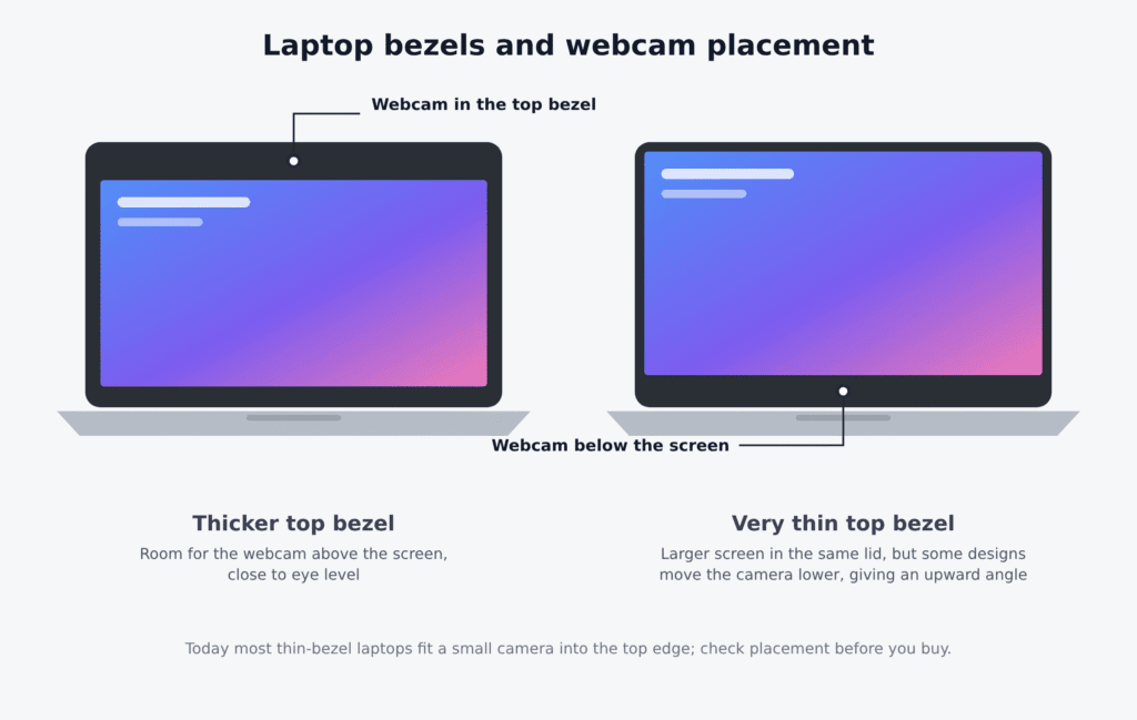 Laptop with a webcam in a thicker top bezel compared with a thin-bezel laptop whose webcam sits below the screen