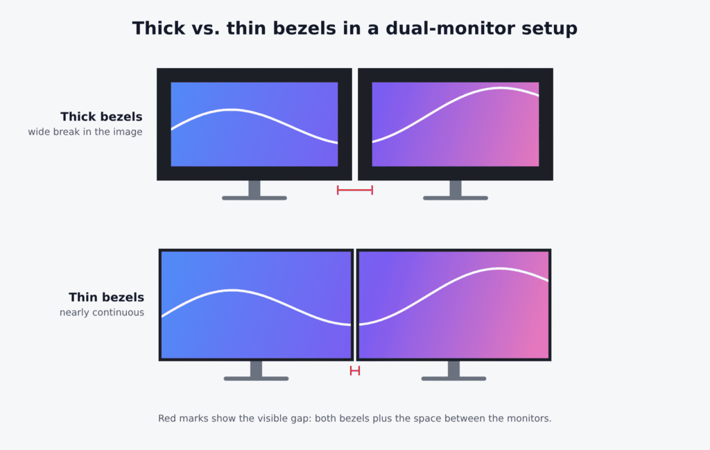 Dual-monitor setups compared: thick bezels leave a wide gap between screens, thin bezels leave a narrow gap