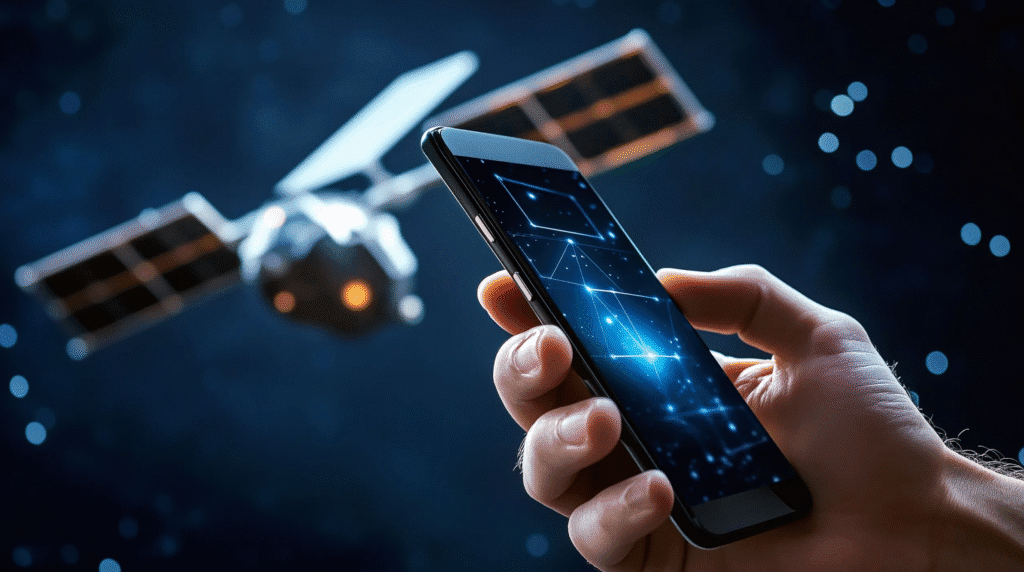 Hand holding a smartphone with a glowing star map screen, with a satellite blurred in the background against a dark space like sky