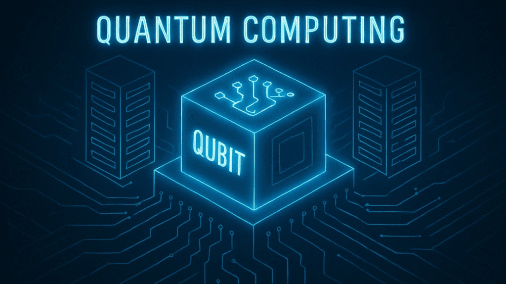 Neon blue illustration of a cube labeled qubit on a circuit board with the words quantum computing above it and server icons in the background