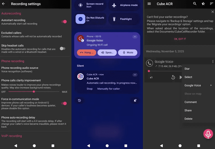 Three Android screenshots of a third party call recorder app showing detailed recording settings, an ongoing Wi Fi call being captured, and a saved call with options to share or delete