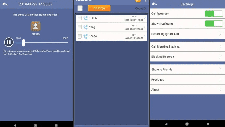 Three Android screenshots of a simple call recorder app showing playback controls, a list of recorded calls, and settings with blacklist and ignore list options