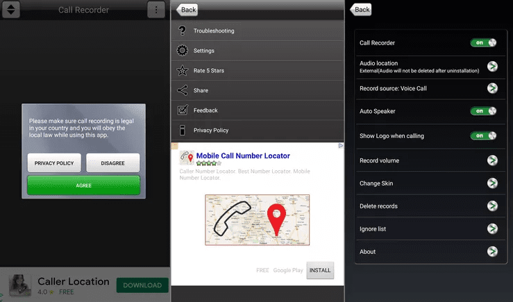 Three Android screenshots from a call recorder app showing a legal warning screen, a menu with troubleshooting and privacy options, and settings toggles for recording, audio storage, and call handling