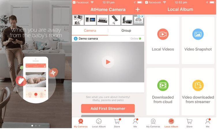 AtHome Camera app screens showing live baby monitor view and options to manage local and cloud video