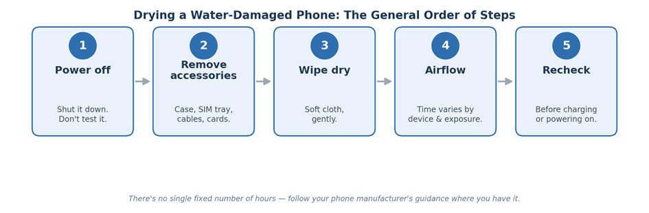 Timeline for drying a water-damaged phone before attempting to charge it again: power off, remove accessories, wipe dry, airflow, recheck