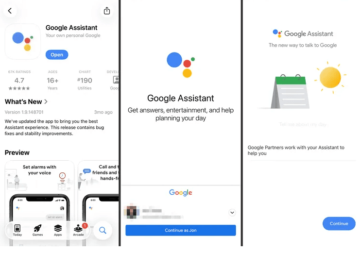 Three iPhone screens showing the Google Assistant listing in the App Store, the welcome screen, and the first setup prompts to continue with a Google account.