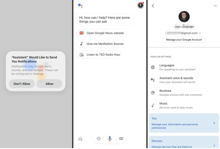 Three iPhone screenshots showing a notification permission pop up for Assistant, the main Google Assistant screen with suggested actions, and the settings page with options for language, assistant voice, routines, and music services.