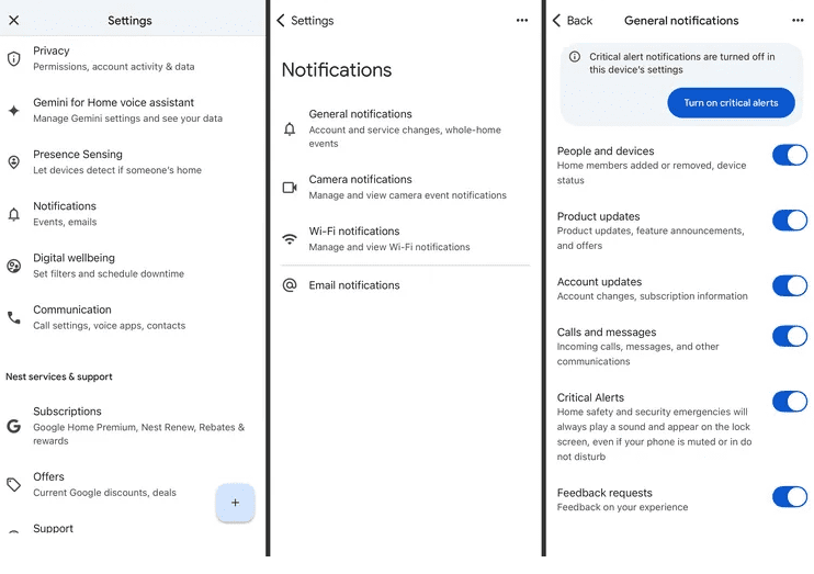 Three Google Home settings screens on an iPhone showing privacy and notification menus, notification categories, and the General notifications page with Critical Alerts and other toggles turned on.