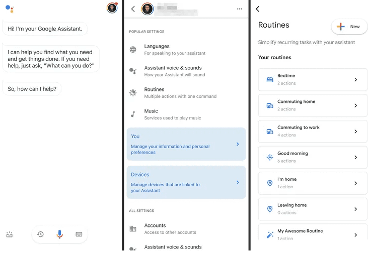 Three iPhone screenshots showing Google Assistant greeting the user, the Assistant settings screen with Routines highlighted, and the Routines page listing bedtime, commuting, good morning, and custom routines.