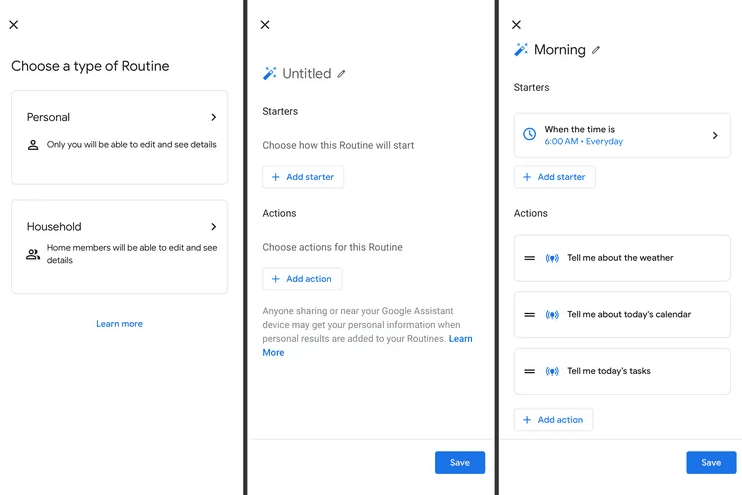 Three Google Assistant routine setup screens on an iPhone showing the choice between personal and household routines, an empty routine with Add starter and Add action buttons, and a Morning routine that runs at six in the morning every day with actions for weather, calendar, and tasks.