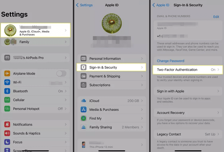 iPhone screenshots showing Settings, Apple ID, and Sign In and Security menu with the Two Factor Authentication option highlighted