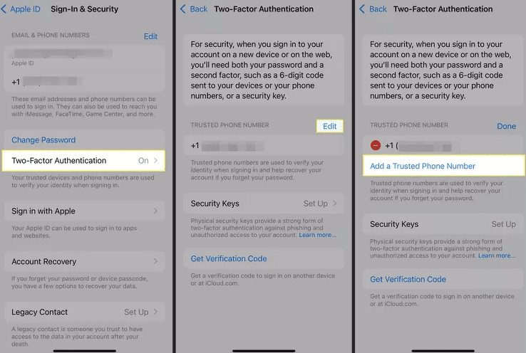 iPhone screenshots showing Sign In and Security settings, the Two Factor Authentication screen, and the Add a Trusted Phone Number option highlighted