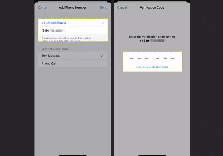 iPhone screenshots showing the Add Phone Number screen with text message selected and the Verification Code screen for confirming a trusted number in two factor authentication