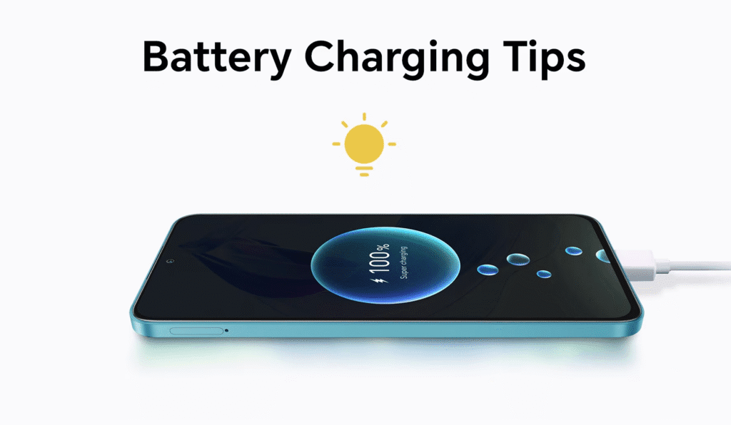 Smartphone lying flat and plugged in with a glowing on screen circle showing battery at one hundred percent and the words Battery Charging Tips above it