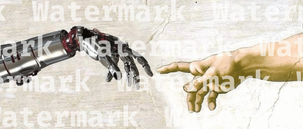 Illustration inspired by the Creation of Adam showing a robotic metal hand reaching toward a human hand across a textured background with a visible watermark overlay