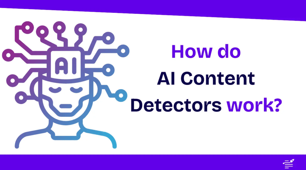 Illustration of a stylized human head labeled AI with circuit lines extending outward beside the title text How do AI content detectors work