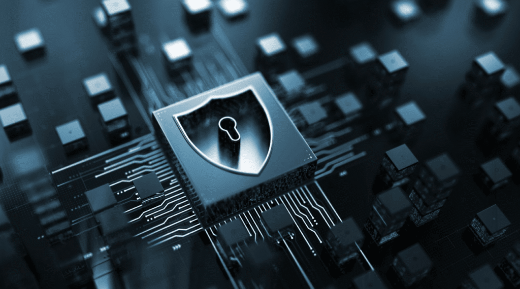 Close up of a circuit board with a metallic chip in the center displaying a shield and keyhole symbol that represents digital security