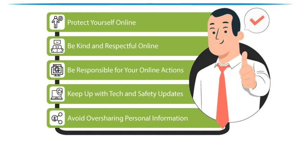 Illustration of a person giving a thumbs up next to a list of online safety tips that include protecting yourself, being respectful, staying updated, and avoiding oversharing personal information