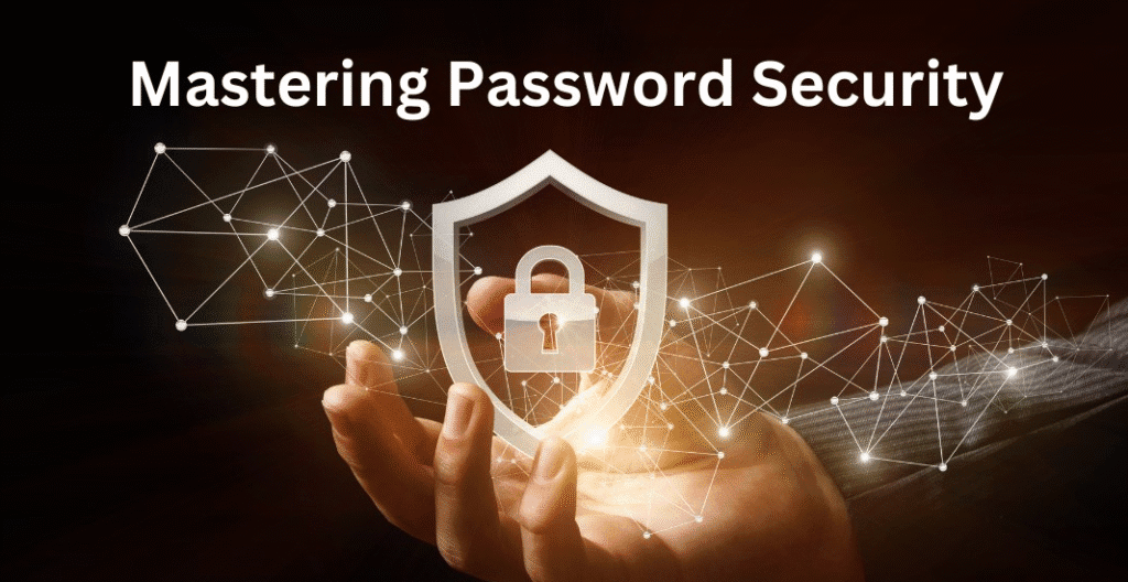 Hand holding a glowing shield icon with a padlock in the center, surrounded by connected nodes, symbolizing strong password protection in the digital world