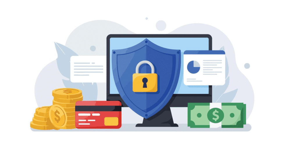 Illustration of a computer monitor with a large shield and padlock on the screen surrounded by coins, a credit card, and paper money representing protected online payments and financial data