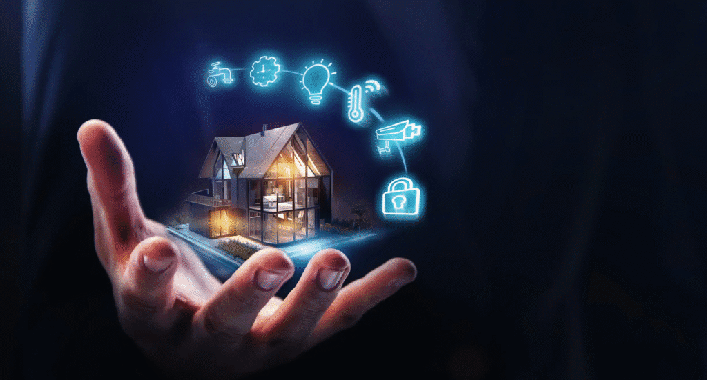 Hand holding a glowing smart home model with icons for lights temperature cameras locks and other connected devices hovering above it on a dark background