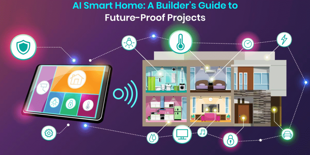 Illustration of a smart home connected to a tablet control panel, with AI powered icons for security, lighting, temperature, energy use, and devices linked around the house