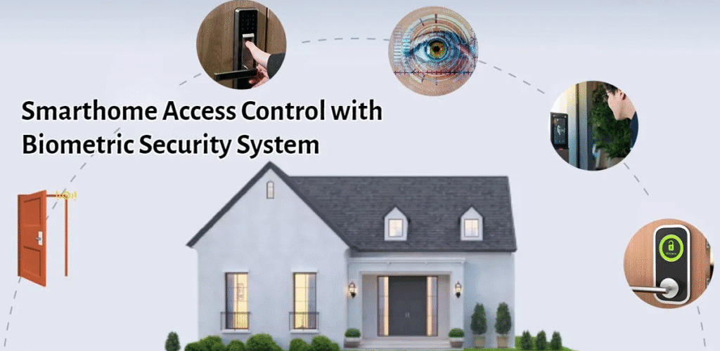 Modern smart home with biometric access control icons, including fingerprint lock, iris scan, and smart door entry around the exterior of the house