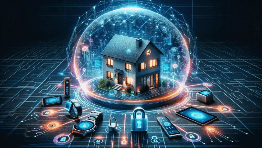 Futuristic smart home surrounded by a glowing digital shield, with connected devices, locks, and screens arranged around it to represent a protected home network