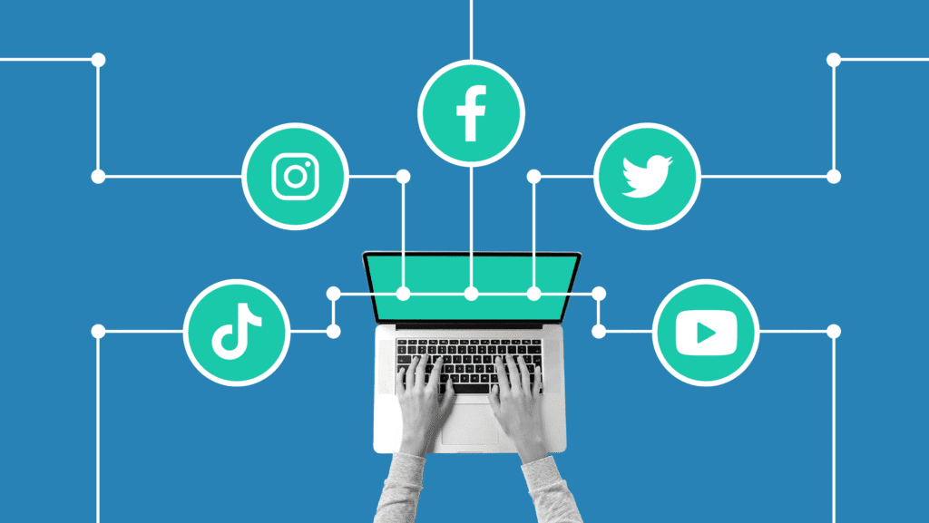Person typing on a laptop connected to icons for Facebook, Instagram, TikTok, Twitter, and YouTube, symbolizing social platforms linked by evolving algorithms